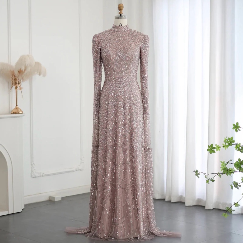 Long Sleeve Sequined Evening Gown In Mauve